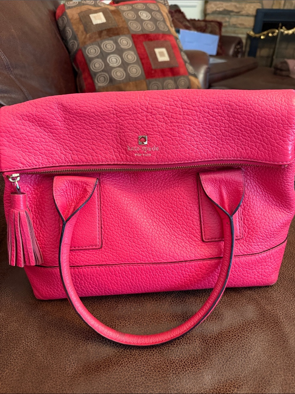 kate spade bright pink pebbled leather tote with tassel